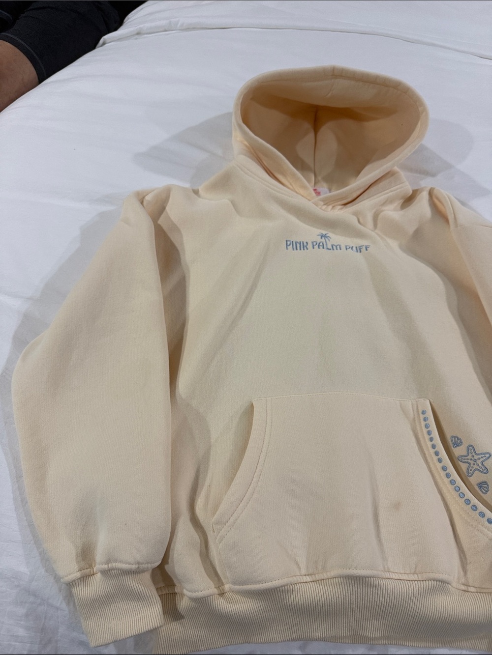 PINK Palm Puff Cream Dog Hoodie with Blue Logo - Picture 5 of 9